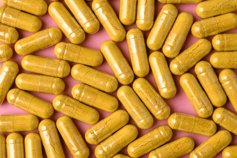 Yellow herbal supplement capsules scattered on pink background create wellness pattern for nutrition, pharmacy, product design.