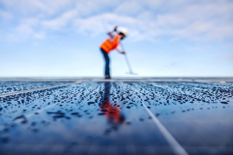 Worker wearing an orange safety vest and white hard hat cleaning a solar panel with a squeegee, ensuring optimal performance for sustainable energy production
