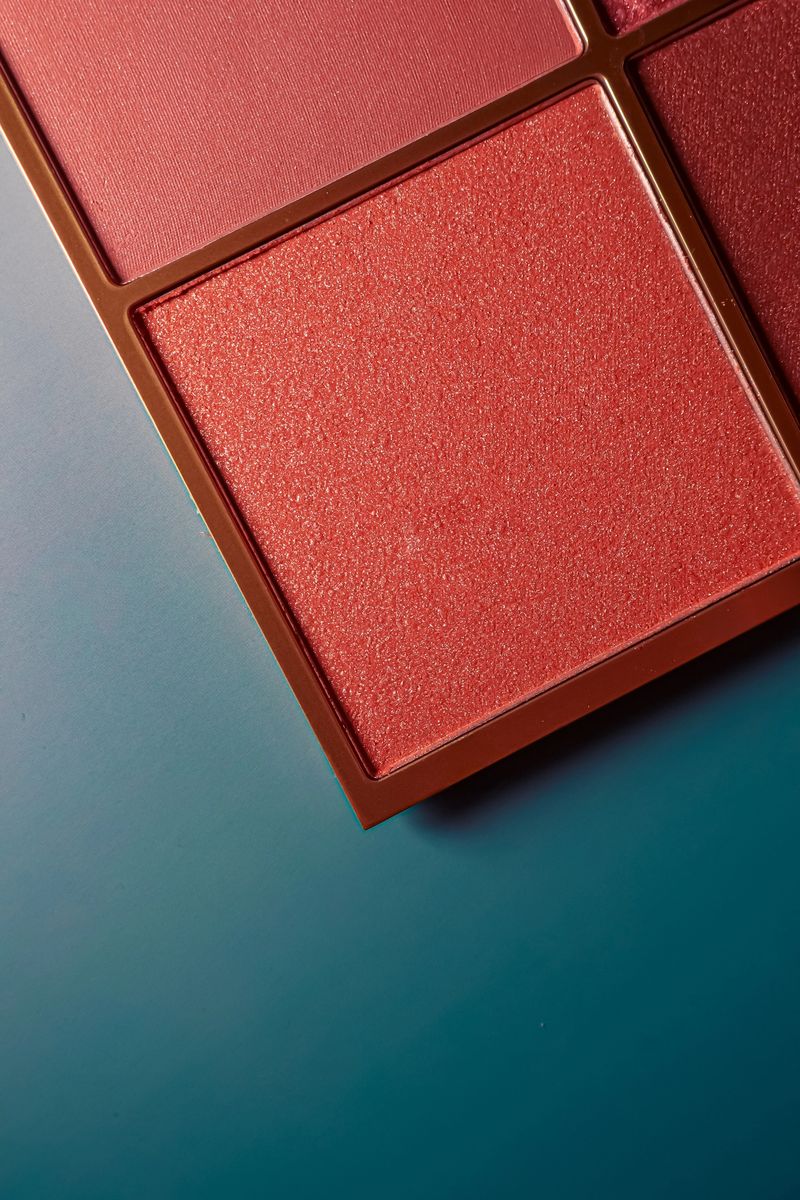 Professional makeup palette featuring a shimmering coral blush and various matte eyeshadows, offering diverse beauty product choices