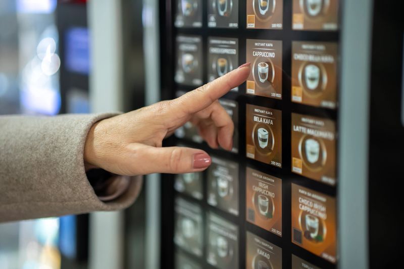 Woman's hand selecting a cappuccino option from a modern vending machine touch screen, making a convenient beverage choice at a public or office location