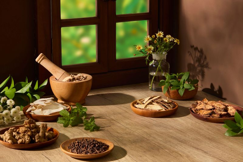 Herbal ingredients displayed in wooden bowls and plates on a rustic table by the window. Dried plants and roots, evoking traditional medicine and natural wellness concepts. Blank space for design