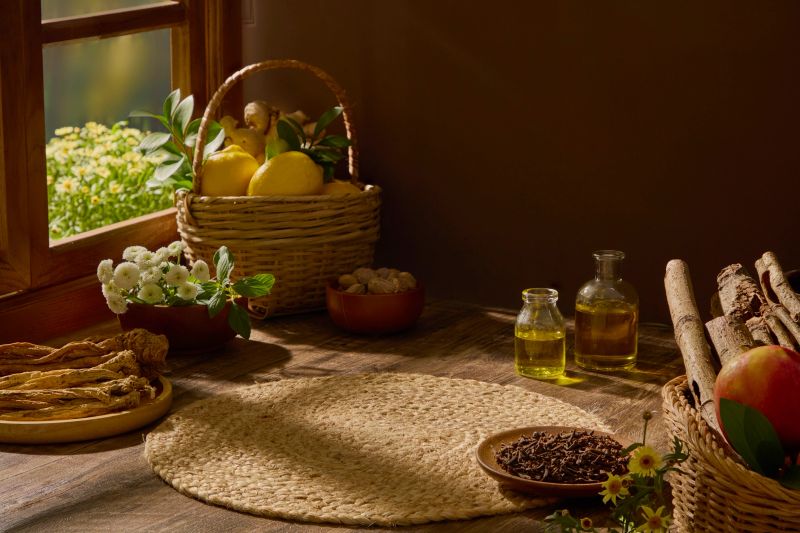 Herbal ingredients and oil bottles displayed on a rustic table near a window. Composition suggests natural extracts, oils, and traditional health products. Space for presentation product