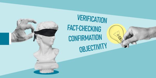 Blindfolded statue being shown a light bulb with words like verification and objectivity.
