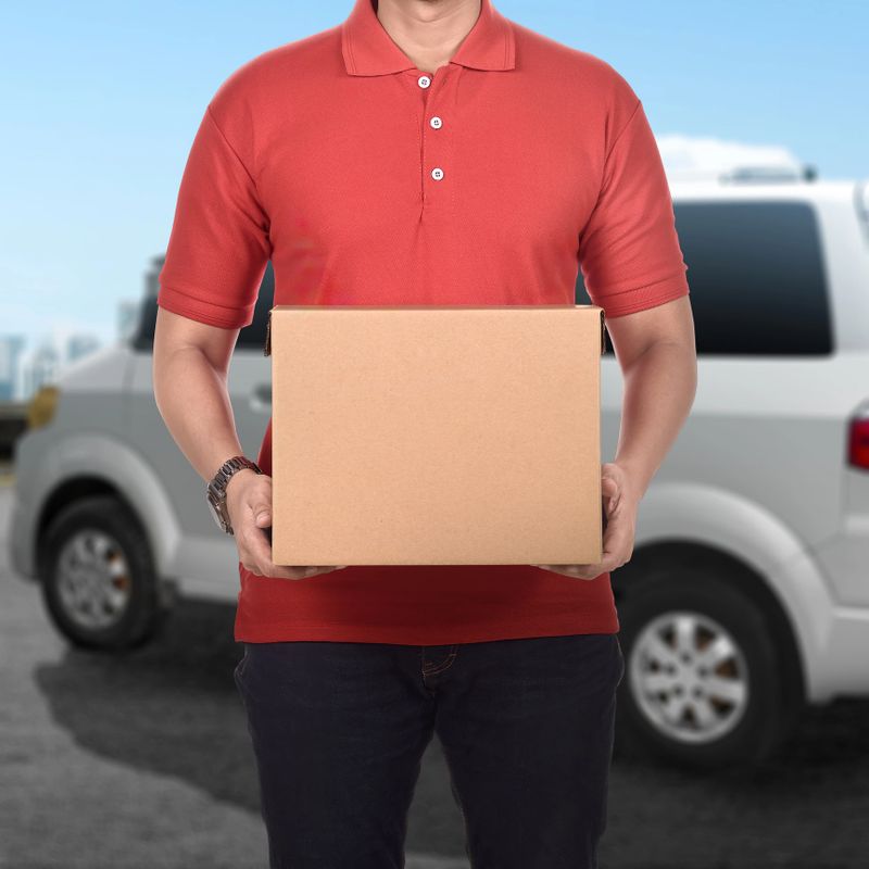 Delivery person in a red polo shirt stands holding a brown cardboard box, ready to deliver the package. A white van is visible in the background, creating a scene of delivery services
