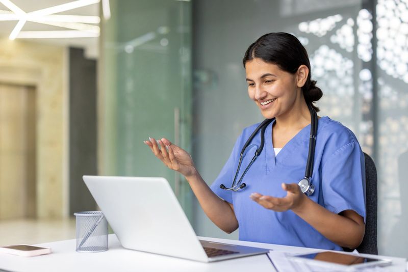 Female doctor wearing blue scrubs and stethoscope smiling while gesturing during a telemedicine video call on a laptop, providing remote healthcare services