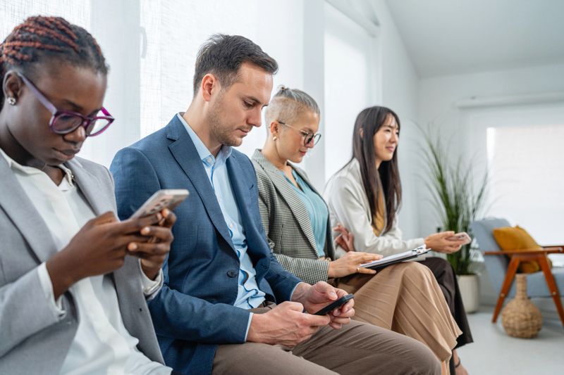 Business professionals of diverse backgrounds wait in a modern office reception area, using smartphones or reading from a notebook while preparing for a job interview. The image reflects recruitment, human resources, and career opportunities in a corporate environment.