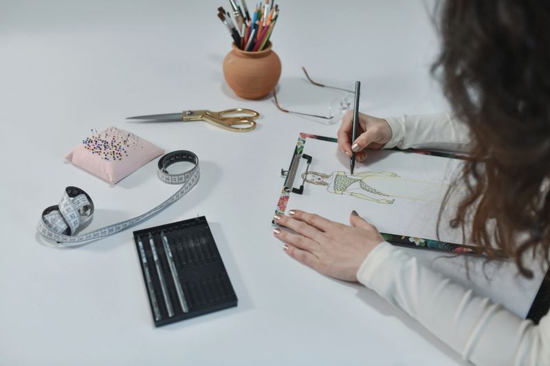 A designer sketches a fashion dress on a clipboard in a bright atelier, surrounded by sewing tools, pins, scissors, and measuring tape, capturing creativity, craft, and the process of dressmaking.
