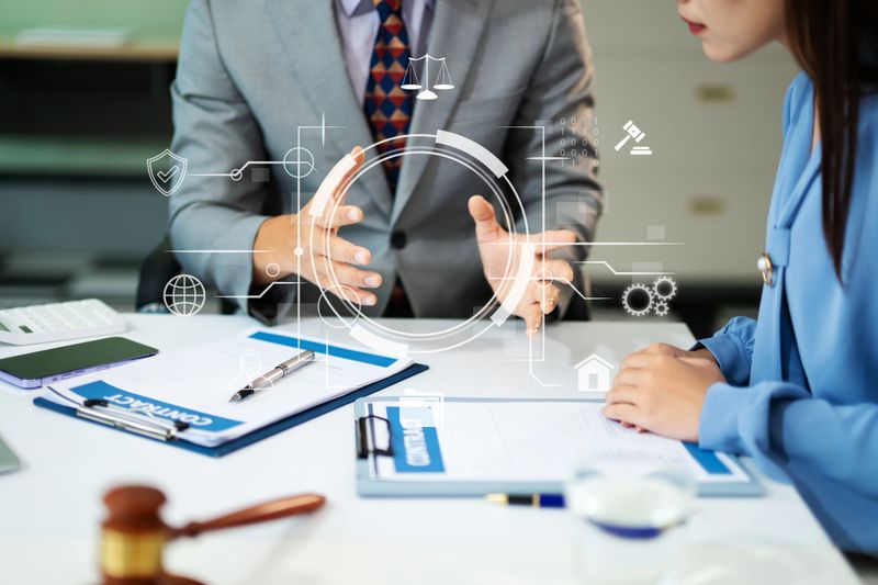 Professional business team planning legal-tech strategy, showcasing teamwork, digital security, and corporate consulting in a modern office