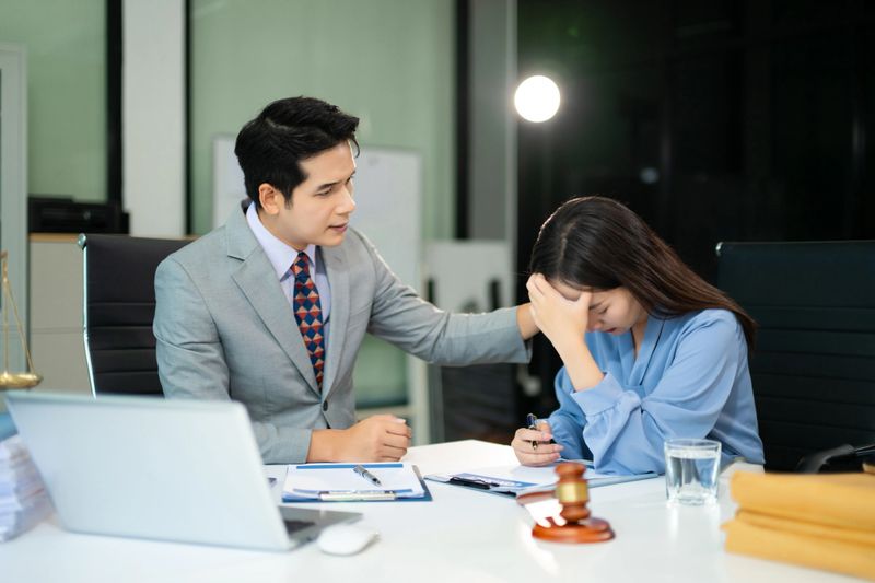Professional lawyer advising stressed client on business conflict, showing support, legal consultation, and workplace challenges in modern office.