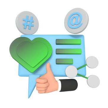 3D icons of social media elements including like, hashtag, and share symbols.