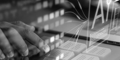 Hand interacts with a digital interface displaying AI and data elements.