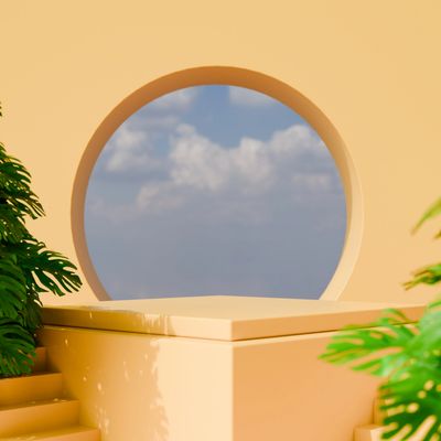 Minimalist architectural scene with a circular window and tropical plants.