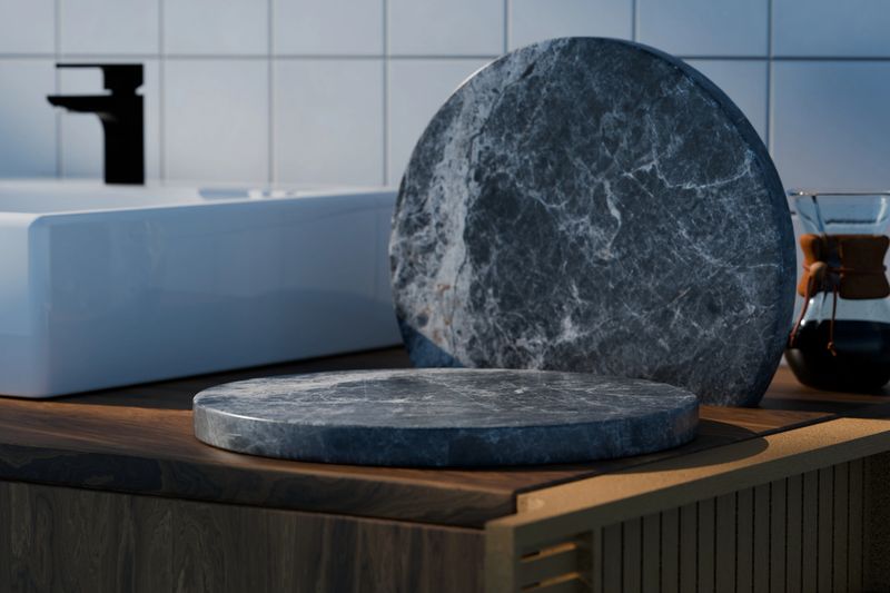 3d Marble podium background product cylinder platform display. Design podium bathroom luxury wood table shelf on nature light scene pedestal presentation showcase event beauty cosmetic. 3d render.