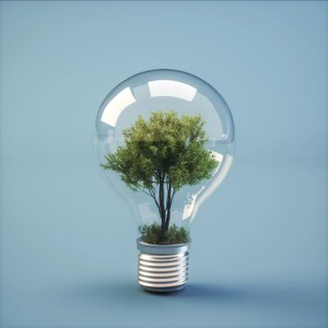 A tree growing inside a transparent light bulb against a blue background.