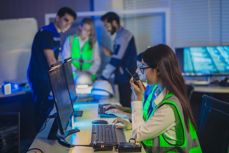 Engineers in high visibility vests collaborate in control room, reviewing digital site plans and dashboards during an operations and safety discussion. Coordination, monitoring, and incident readiness