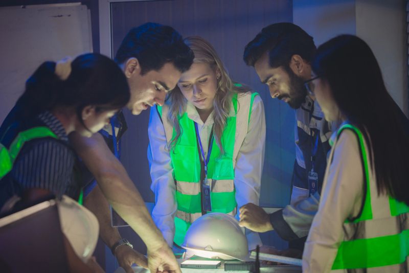 Engineers in high visibility vests collaborate in control room, reviewing digital site plans and dashboards during an operations and safety discussion. Coordination, monitoring, and incident readiness