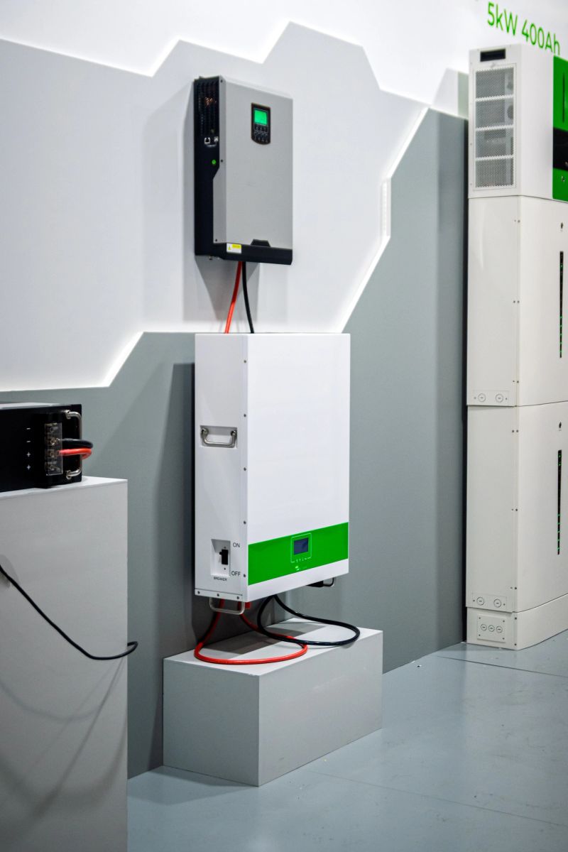 A detailed shot of a modern energy storage system, featuring a wall-mounted power inverter and a sleek, floor-standing battery unit. The white and green design elements highlight its eco-friendly and high-tech nature, making it suitable for renewable energy applications. This setup represents advanced solutions for home power backup, off-grid living, and integrating solar or wind energy. It's an excellent visual for articles, advertisements, or presentations on sustainable technology, smart homes, grid independence, and the future of residential energy management.