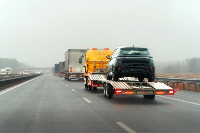 Auto transport truck carrying broken car