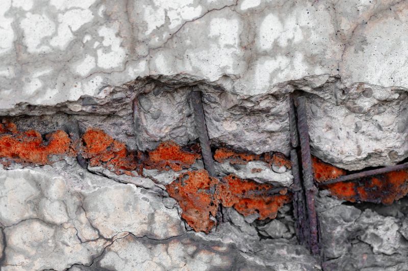 Damaged concrete revealing rusted rebar due to structural deterioration and lack of maintenance
