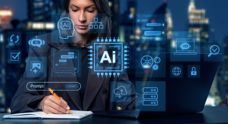 Businesswoman writing in notebook with glowing transparent AI and data icons around, futuristic style, city night background, concept of artificial intelligence