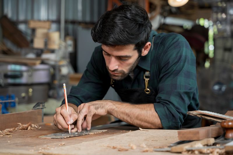 Close up of a skilled luthier carefully marking a guitar template with pencil on a wooden workbench, showing precision craftsmanship, handmade instrument design, and workshop work.