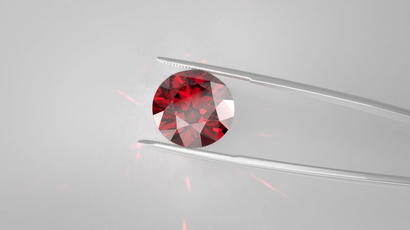 Brilliant red diamond gemstone held by metal tweezers on a neutral gray background, showing precise facets, vivid reflections, and clarity ideal for gemology or jewelry design visuals.