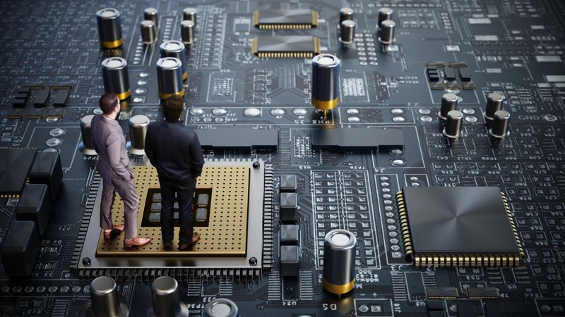 Two individuals are standing on a large circuit board. They seem to be discussing technology ideas. The setting looks modern and is focused on high-tech topics.