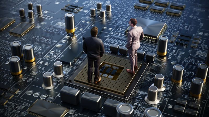 Two individuals are standing on a large circuit board. They seem to be discussing technology ideas. The setting looks modern and is focused on high-tech topics.