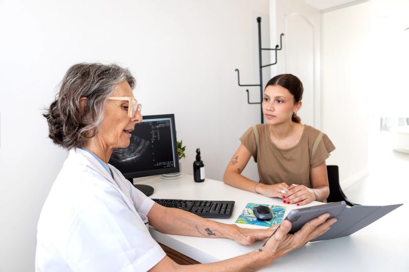 Female gynecologist in consultation with a female patient, analyzing preventive medical exams such as mammograms and transvaginal ultrasounds on her computer and digital tablet - Buenos Aires - Argentina