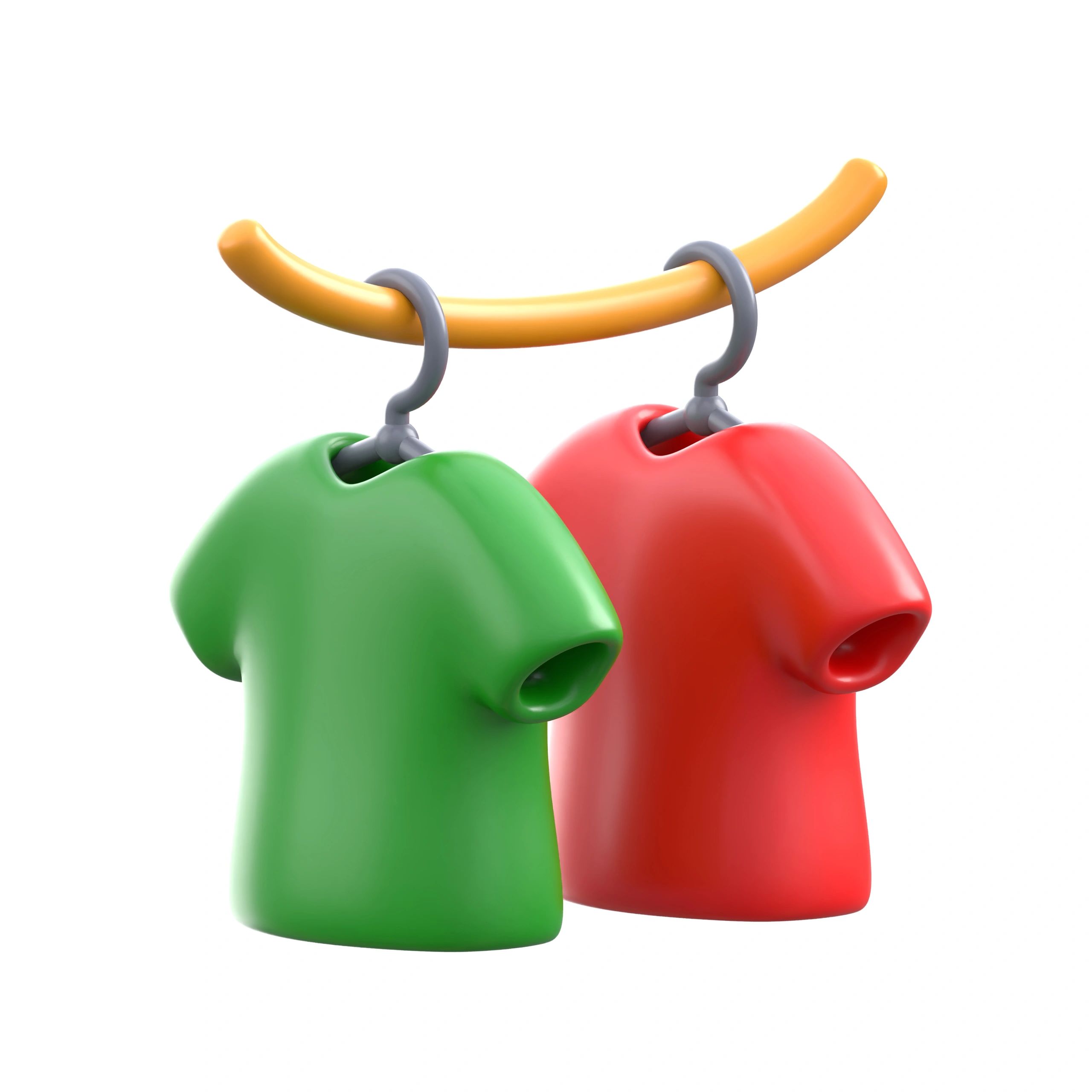 3D illustration of green and red bell peppers hanging on hooks.