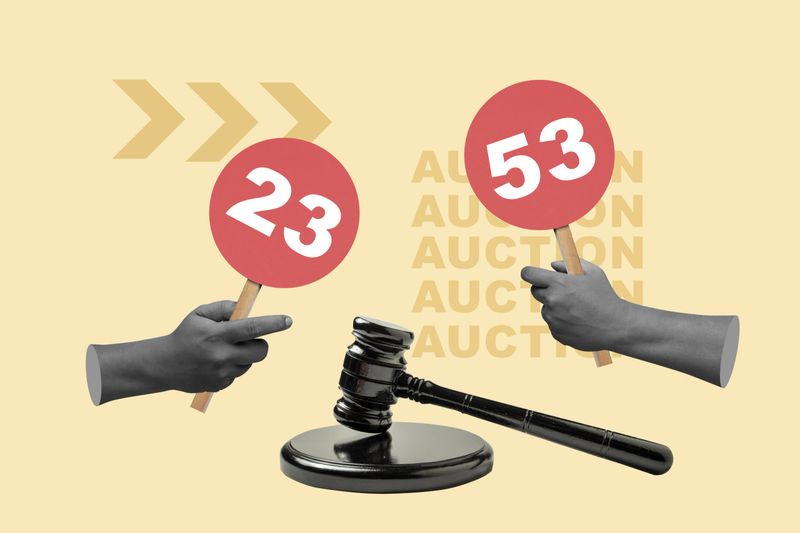 Auction scene, featuring bidding paddles with numbers, a judge's gavel, and hands, all set against a stylized background. Collage art. Concept of auction