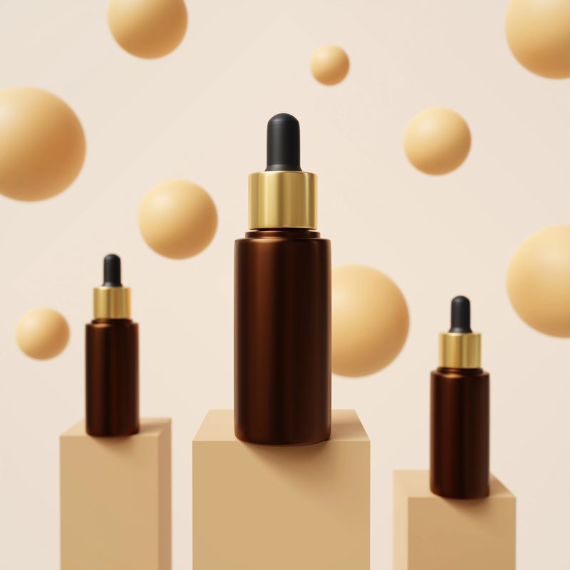 Cosmetic ads template. Cosmetic dropper bottles with gold cap on beige background. Mockup for skincare branding ads. 3d-rendering