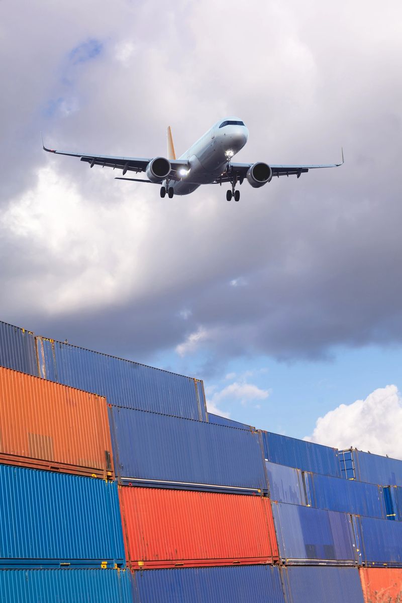 Stack of cargo containers with cargo airplane at import and export area at port.