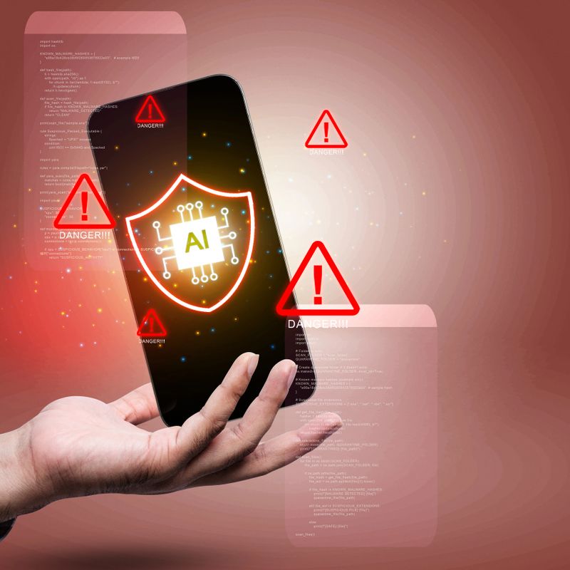 Human hand holding a cellphone with an AI-powered security shield, surrounded by warning signs. Represents digital security, artificial intelligence, and potential threats in the digital world