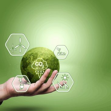 Hand holding a green globe with eco-friendly energy icons on a green background.
