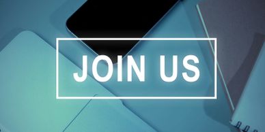 A call to action saying 'JOIN US' over office supplies and a smartphone.