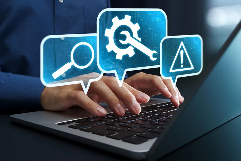 Businessman using laptop computer to provide troubleshooting support.