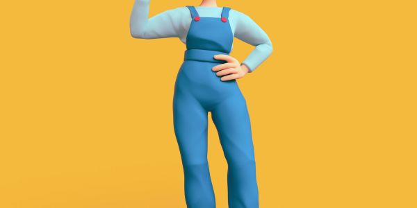 3D character in blue overalls striking a confident pose.