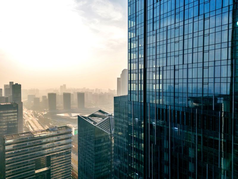 Aerial view of city office buildings