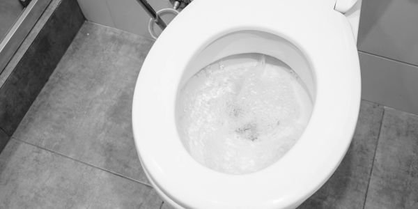 Toilet flushing with water swirling inside the bowl.