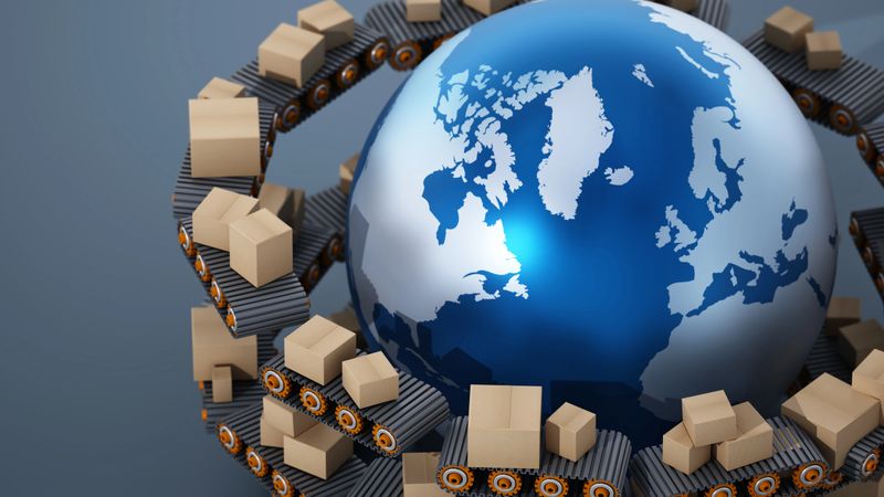 Packages are shown on conveyor belts around a blue globe. This scene highlights global trade and logistics. The focus is on movement and delivery in a warehouse setting.