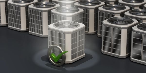 Air conditioning units with a green check mark on one.