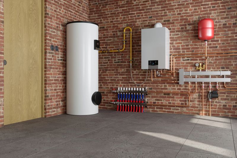 Modern boiler room with underfloor heating system, copper pipes, and hot water tank