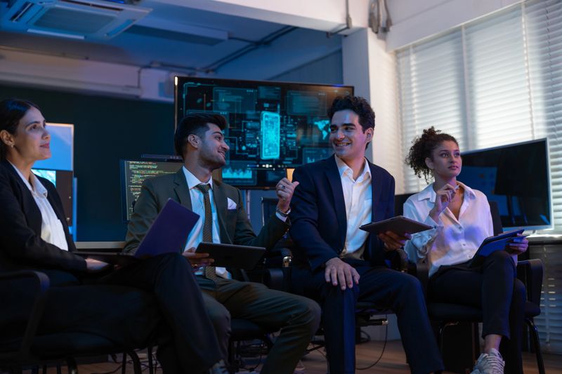 Group of professionals businesswoman and businessman in formal attire discussing ideas on innovative technology development project with tablets and laptops in dark modern office