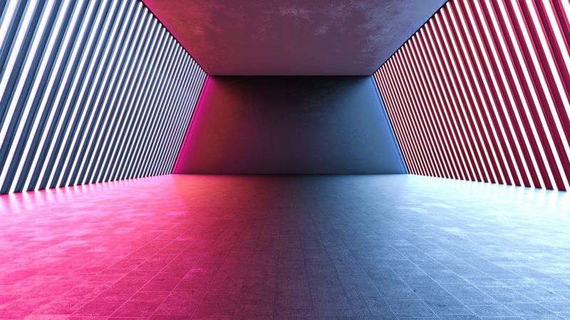 Empty Interior with Pink and Blue Neon Light Stripes. 3D Render