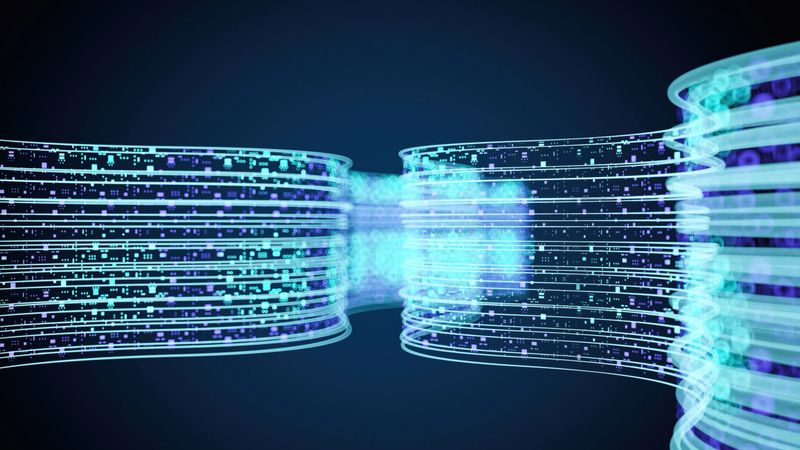 Abstract Wavy Lines with Glowing Particles and Digital Data Flow. 3D Render