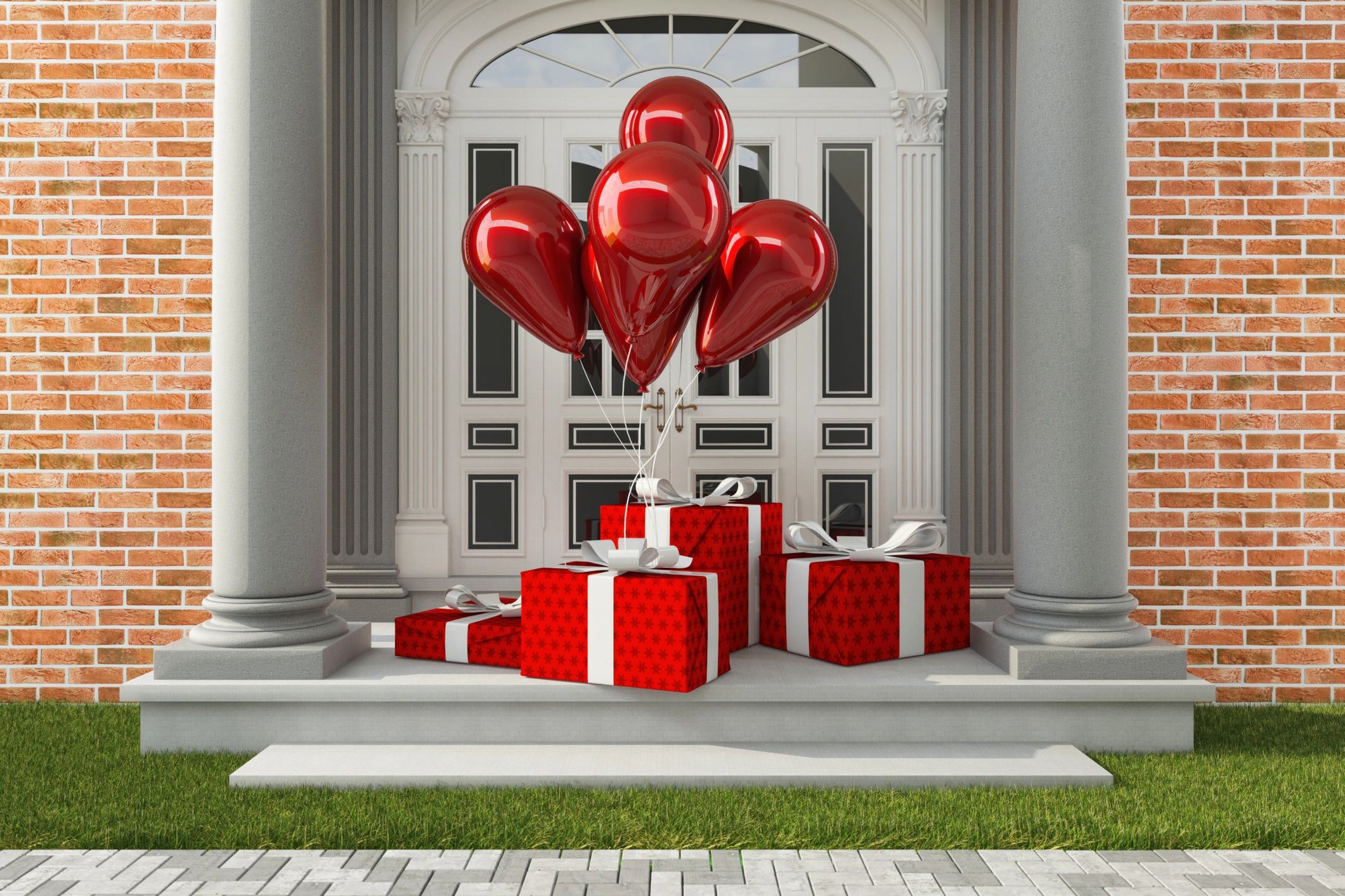 Red Gift Boxes and Balloons on Doorstep of Luxury House. 3D Render