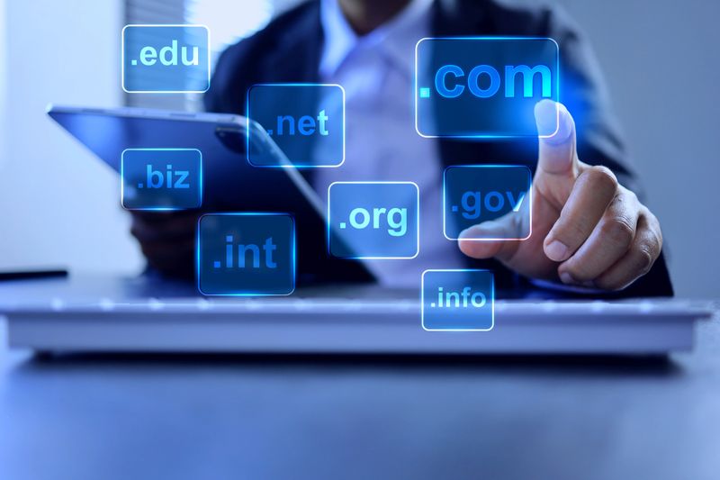 Domain name concept with businessman touch on .com to be a top level of website domain in business webpage globally recognized dot com to default choice
