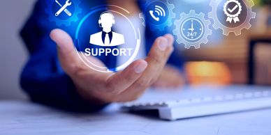 Digital support service concept with hand and icons.