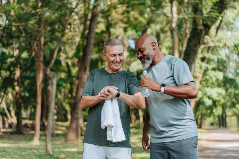 Elderly friends walking in a public park. Smartwatch